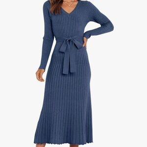Women Long Sleeve V Neck A-line Tie Waist Ribbed Knit Bodycon Midi Sweater